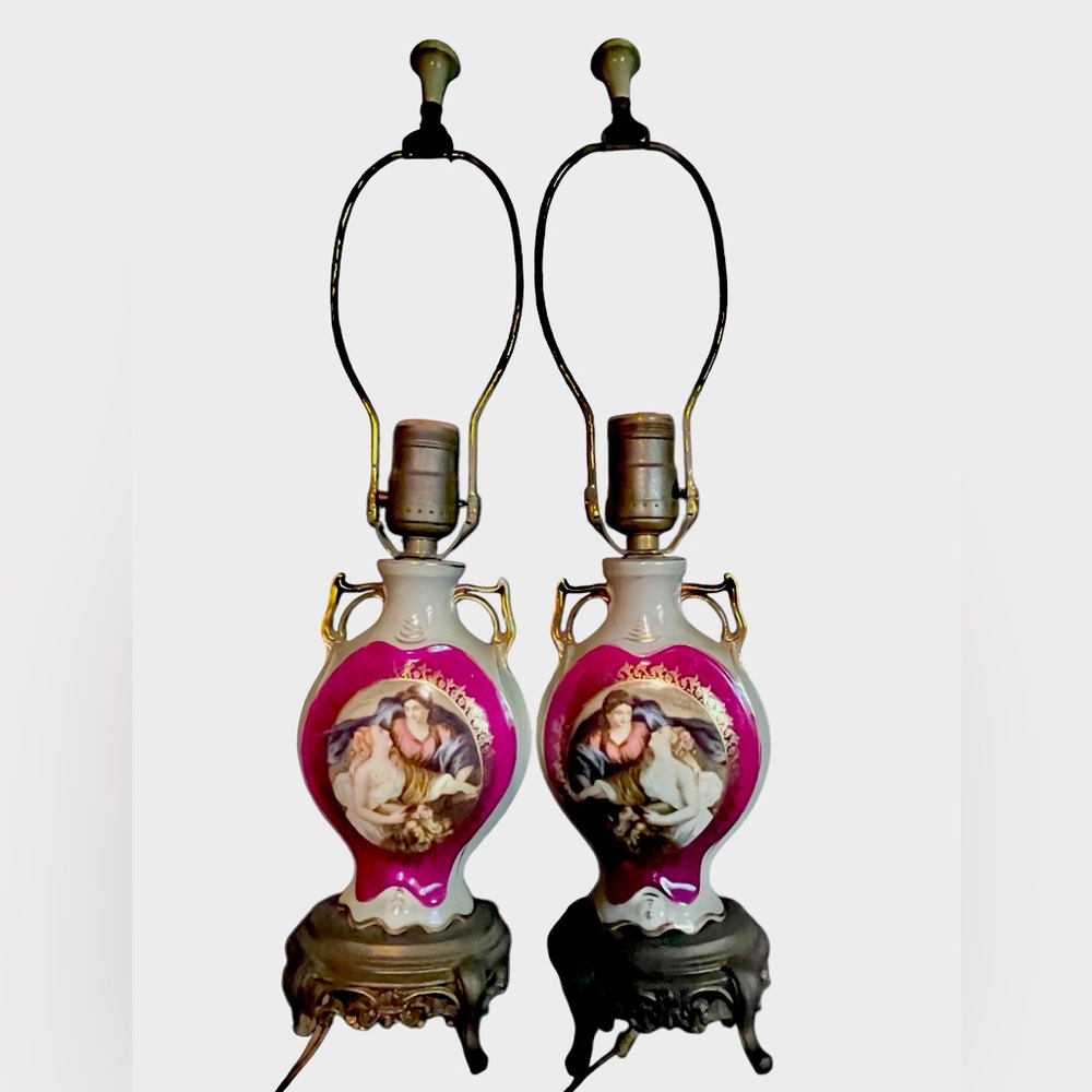 Pair of Antique duBarry of France Porcelain Table Lamps